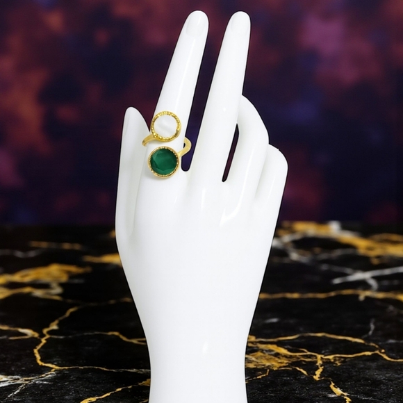 🆕️Turkish Artisan Genuine Emerald & Glass Pearl Adjustable Ring 18K Gold Plated - Picture 15 of 15
